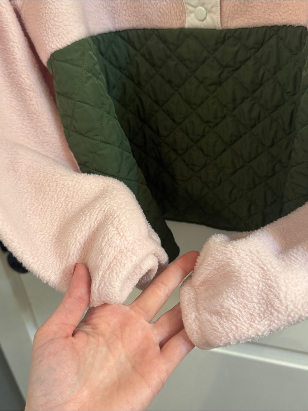 J. CREW Quilted Sherpa Half-zip Snap Pullover Pink Ivory Green Large - Picture 7 of 8